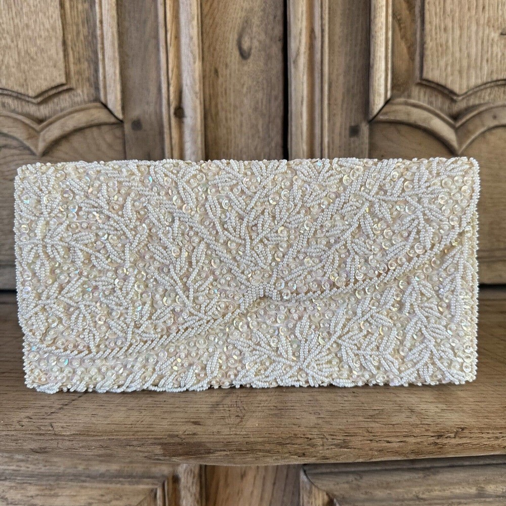 Vintage White Beaded Evening Clutch Ornate Floral Vines Winkelman's Hong Kong